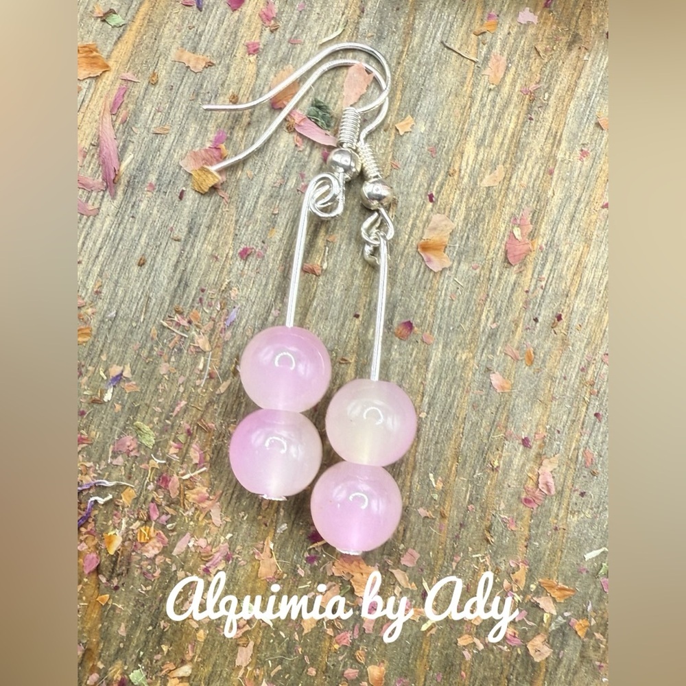 Silver dangle bar earrings with pink jade spheres